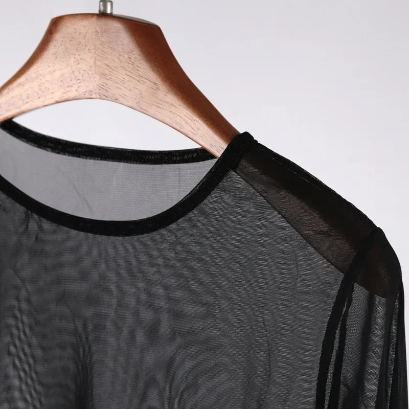 Black Sexy Women T Shirt See Through Transparent Punk Mesh Tops Long Qme