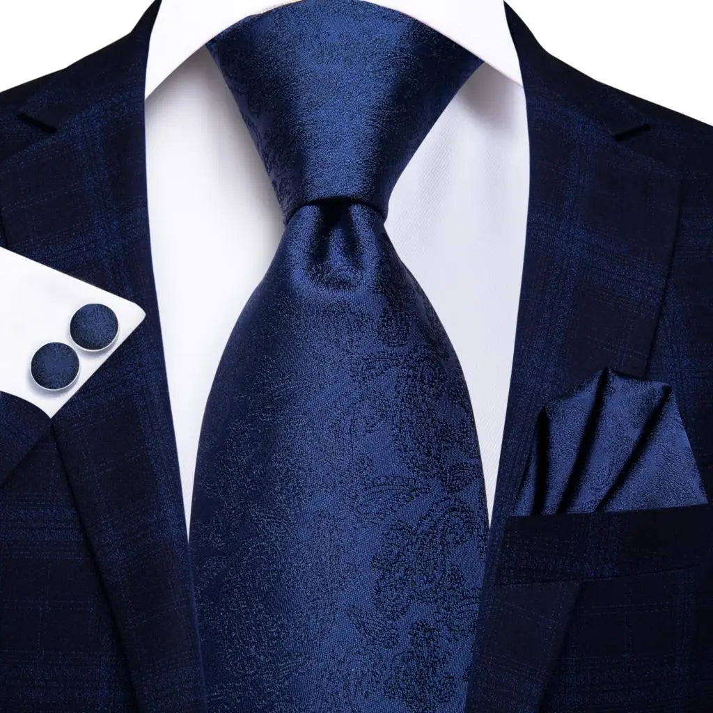 Hi-tie Navy Blue Floral Striped Silk Elegant Tie Men Groom Wedding
