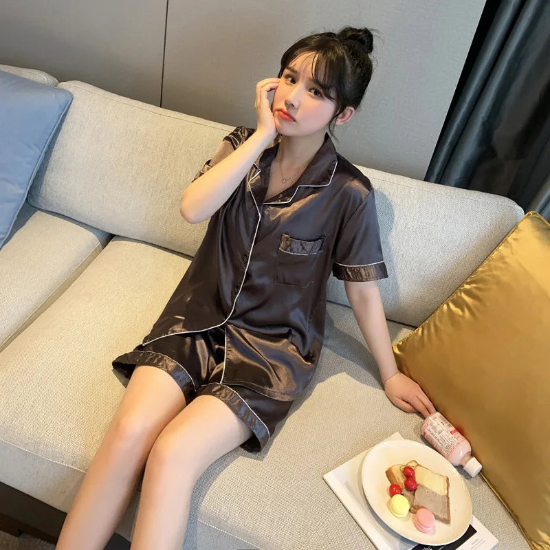 A Women's Sleepwear Simple Satin Pajama Set Long Sleeve Buttons Lapel Top With Elastic Pants Loungewear Nightwear 2 Piece Nighty Qme Double Short Coffee 5XL