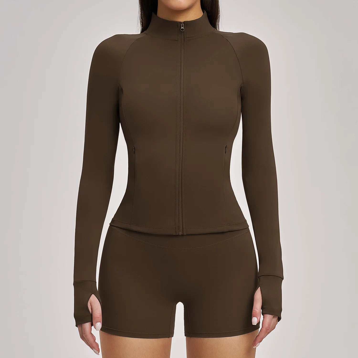 A Summer Ultra-Soft Fabrics Tight Sports Jackets Women Zipper Gym Yoga Clothes Female Quick-Dry Long Sleeve Sportswear Qme Black Coffee M
