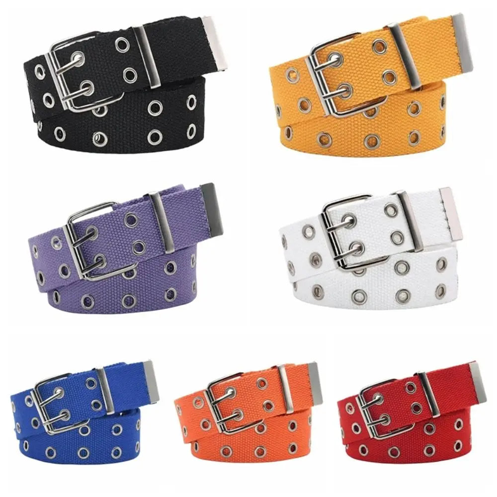 Outdoor Solid Canvas Waist Belt Double Row Nylon Woven Belts Metal Qme