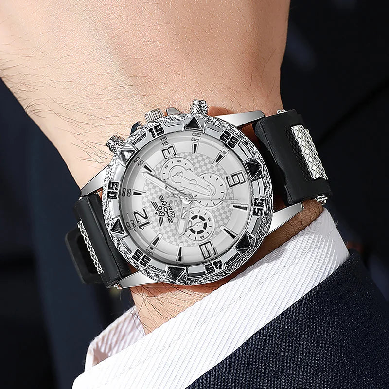 Três Eye Mixed Bar Scale Dial, refinado Silicone Quartz Watch, negócio elegante Qme 5