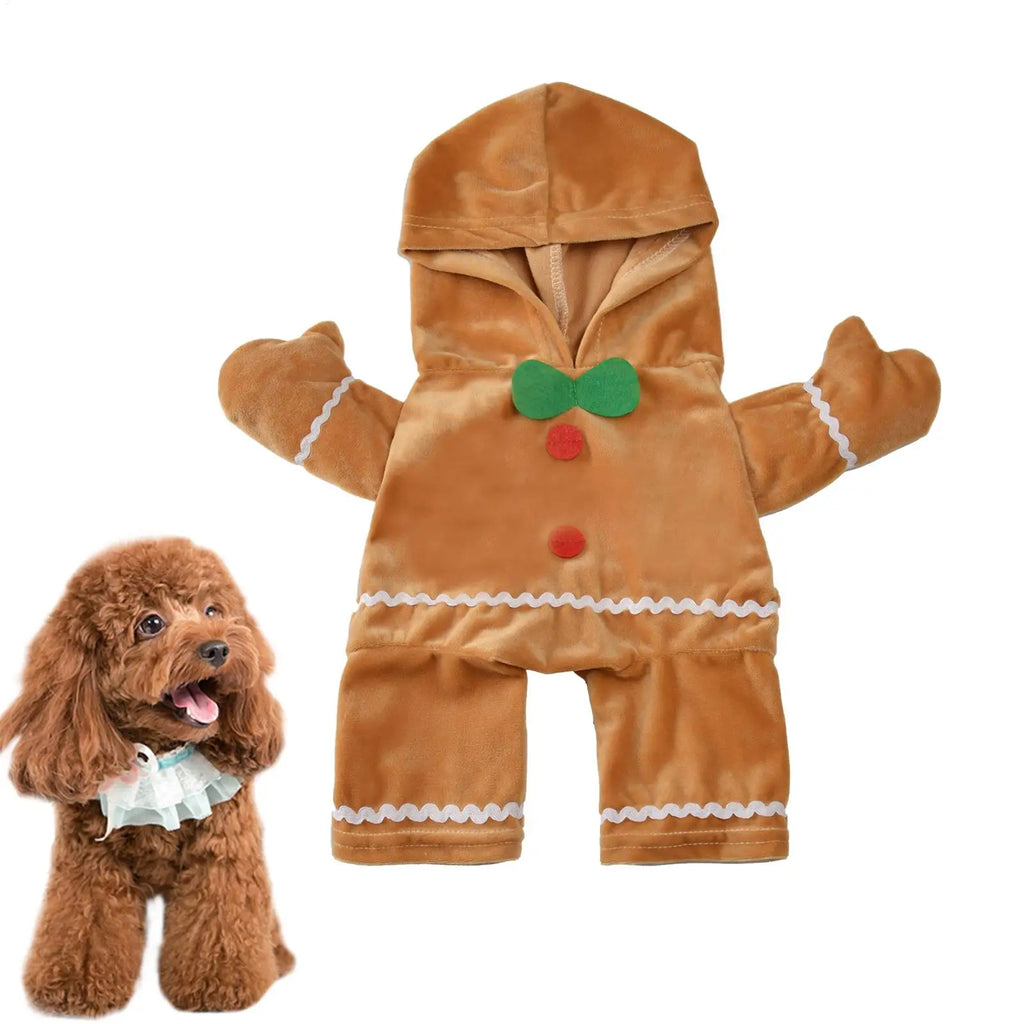 NEW Dog Gingerbread Costume Pet Cute Hooded Jumpsuit Christmas Cosplay Clothes Brown Outfit for Cat Party Decoration Supplies Qme