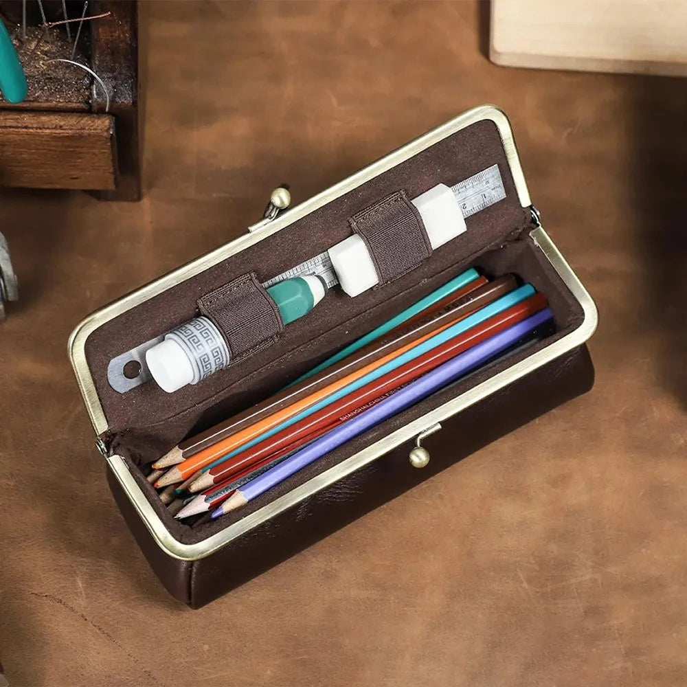 Handmade Vintage Genuine Leather Pencil Case Retro Storage Box for Office School Supplies Best Gift Stationery Storage Box Qme