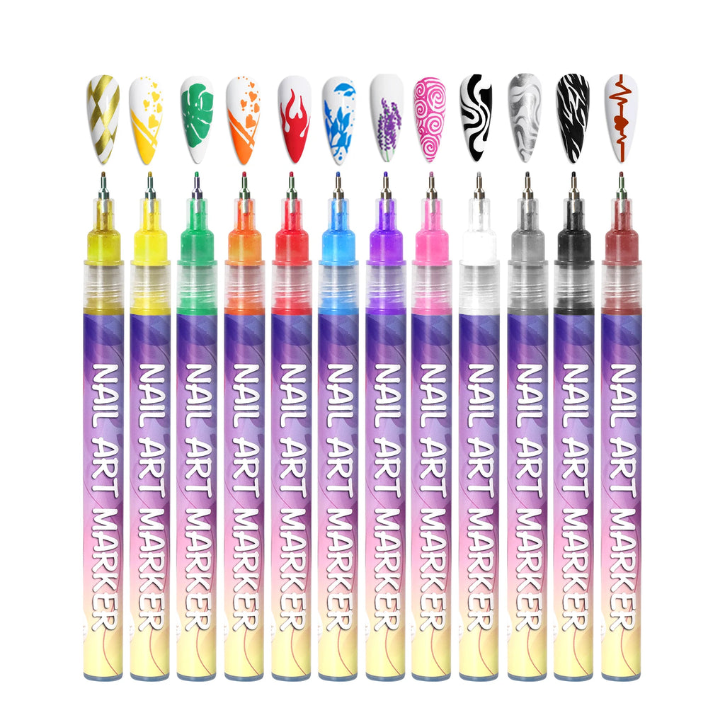 Nail Art Graffiti Pen Set Nail Marker Drawing Acrylic Paint Pens Waterproof Nail Painting Manicure Extra 0.5m Fine 12 Colors Qme