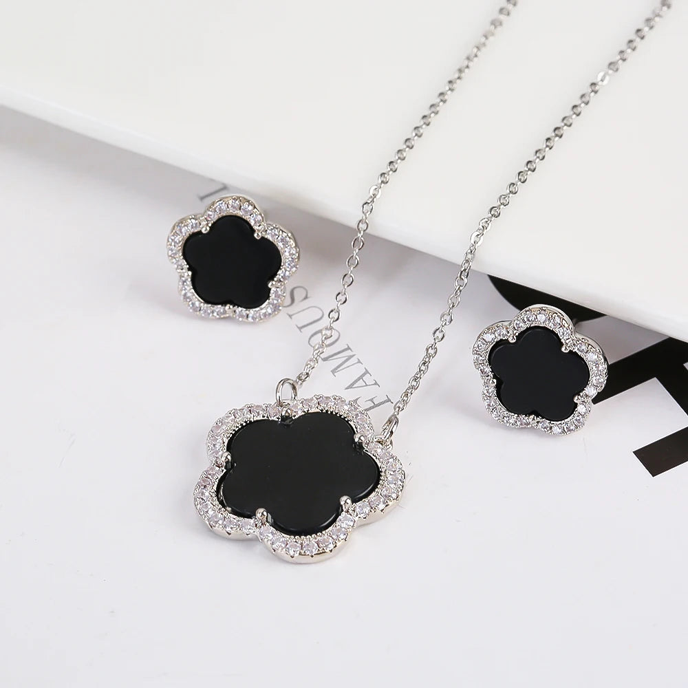 Trendy New Sweet Fashion Natural White Solid Five Leaf Petals Women Jewelry Set Necklace Earrings High Quality Gift Qme 11