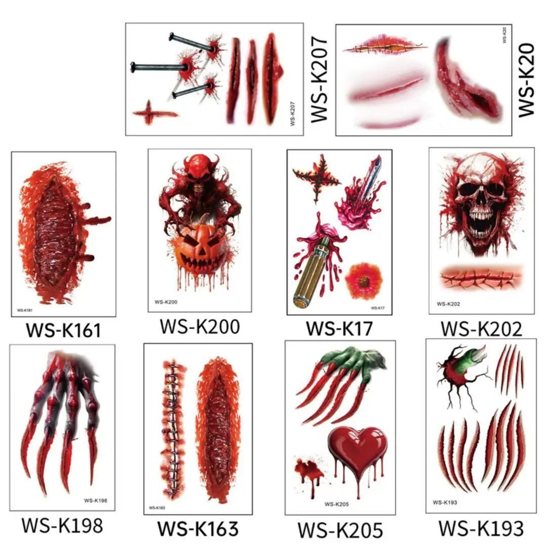 A 10pcs Waterproof Halloween Tattoo Stickers Bleeding Wound Scar Temporary Tattoos for Women Men Fake Tattoo For Halloween Party Qme 10pcs WS-K20K207