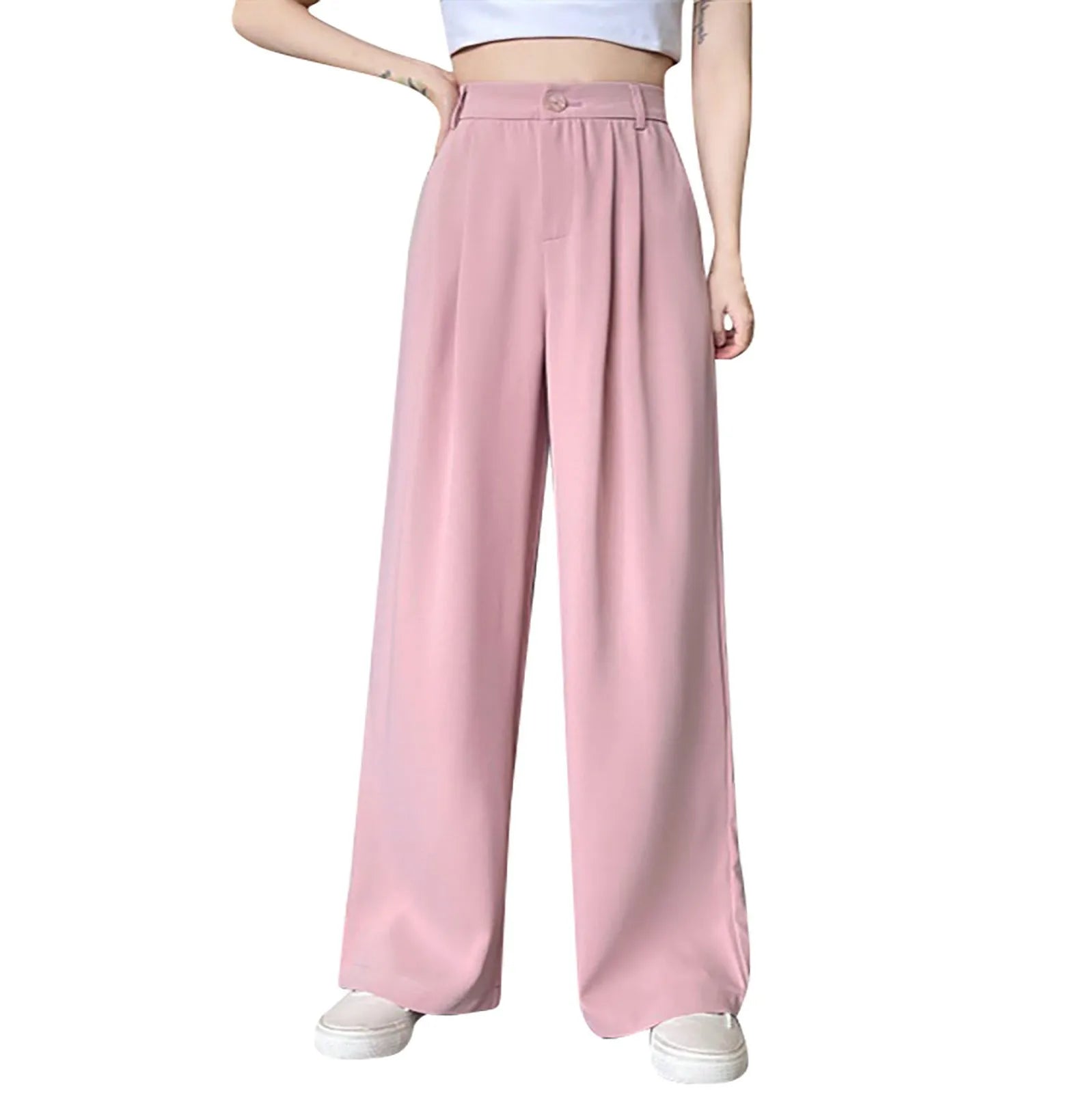 Solid Color High Waist Casual All-match Spring And Summer Daily Basic Commuting Suit Fabric Wide-leg Straight Pants For Ladies Qme Pink XL