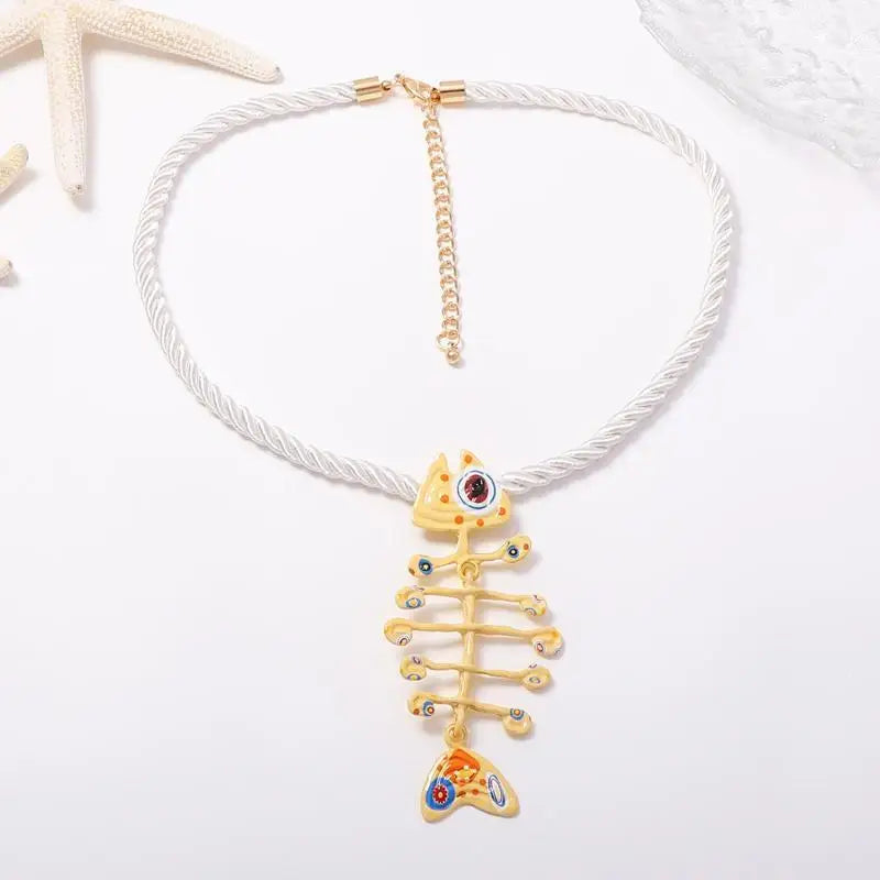 Hand Woven Boho Rope Pendant Necklace Alloy Printed Fish Bone Decor Non-irritating Neck Jewelry for Teen Girls Qme
