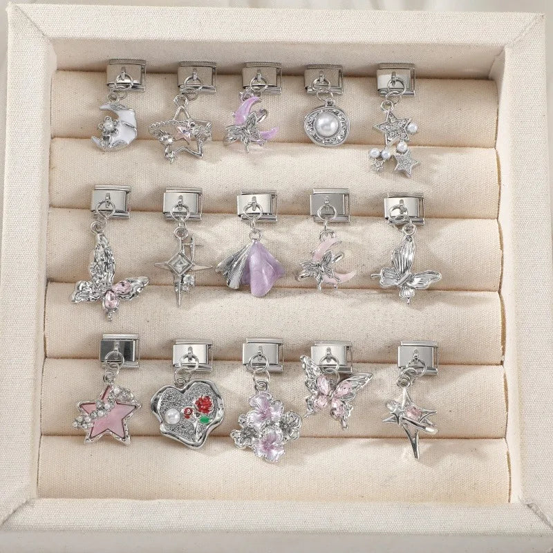 New 2026 Fashion Sweet Pink Moon Star Butterfly Pendant Italian Charm Links Fit 9MM Stainless Steel Bracelet DIY Making Gifts Qme