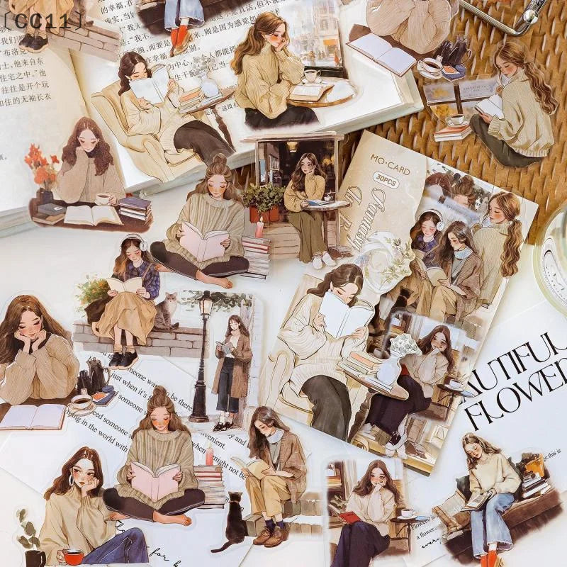 CC1130 Aesthetic Decals Labels Reading Girl Stickers Decorative Diary Qme