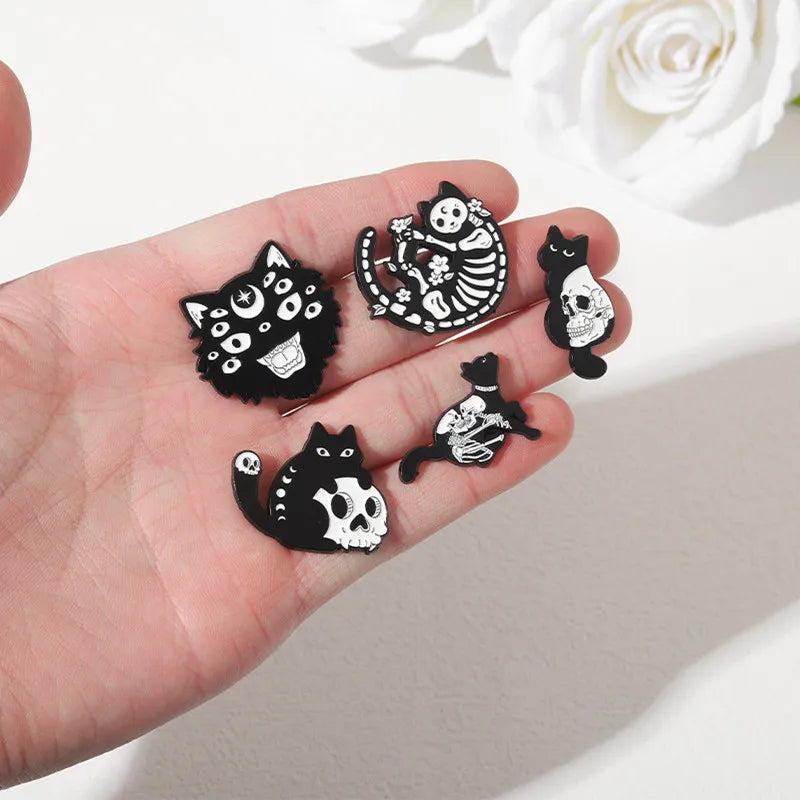 Black Cat Enamel Pin Skull Skeleton Brooch Badge Animal Gothic Flower Jewelry Kids Gift Party Lapel Clothes Backpack Wholesale Qme