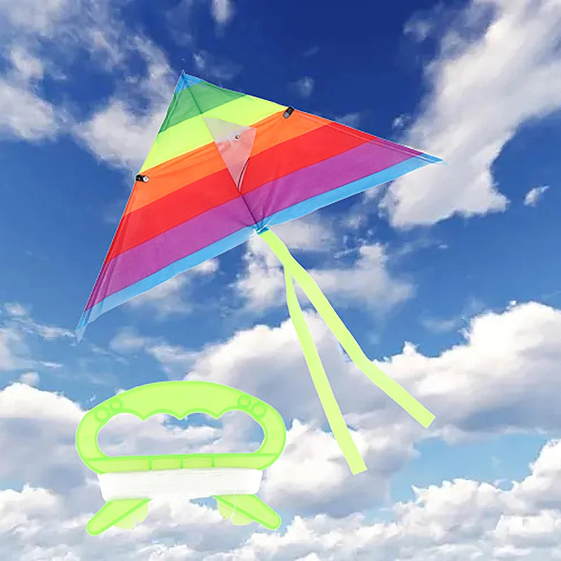 Colorful Triangle Rainbow Kite Flying Toys Children Kids 30M String Qme