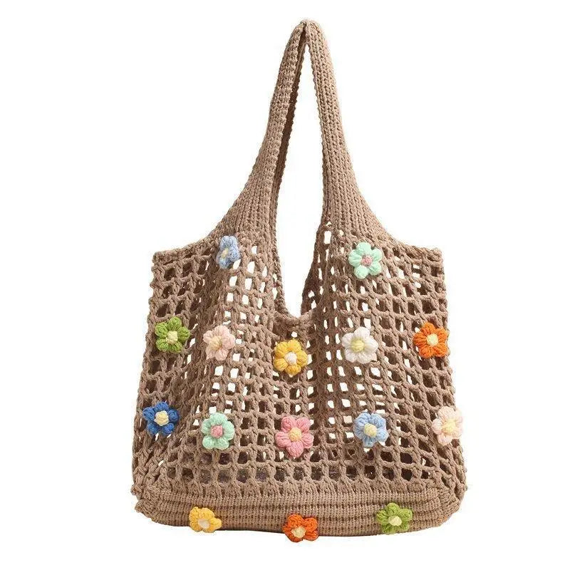 Women's Knitted Shoulder Bag Summer Flowers Handbag Ins Large Capacity Shopping Tote Bags Woven Hollow Mesh Beach Bags Qme Khaki