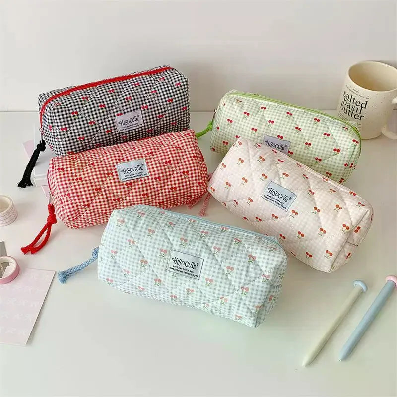Cute Cherry Plaid Large Capacity Pencil Case Student Stationery Bag Qme