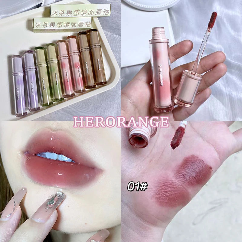 Iced Tea Mirror Lip Glaze Watery Lip Gloss Waterproof Lasting Transparent Jelly Liquid Lipstick Womon Beauty Makeup Lip Cosmetic Qme 01 HERORANGE