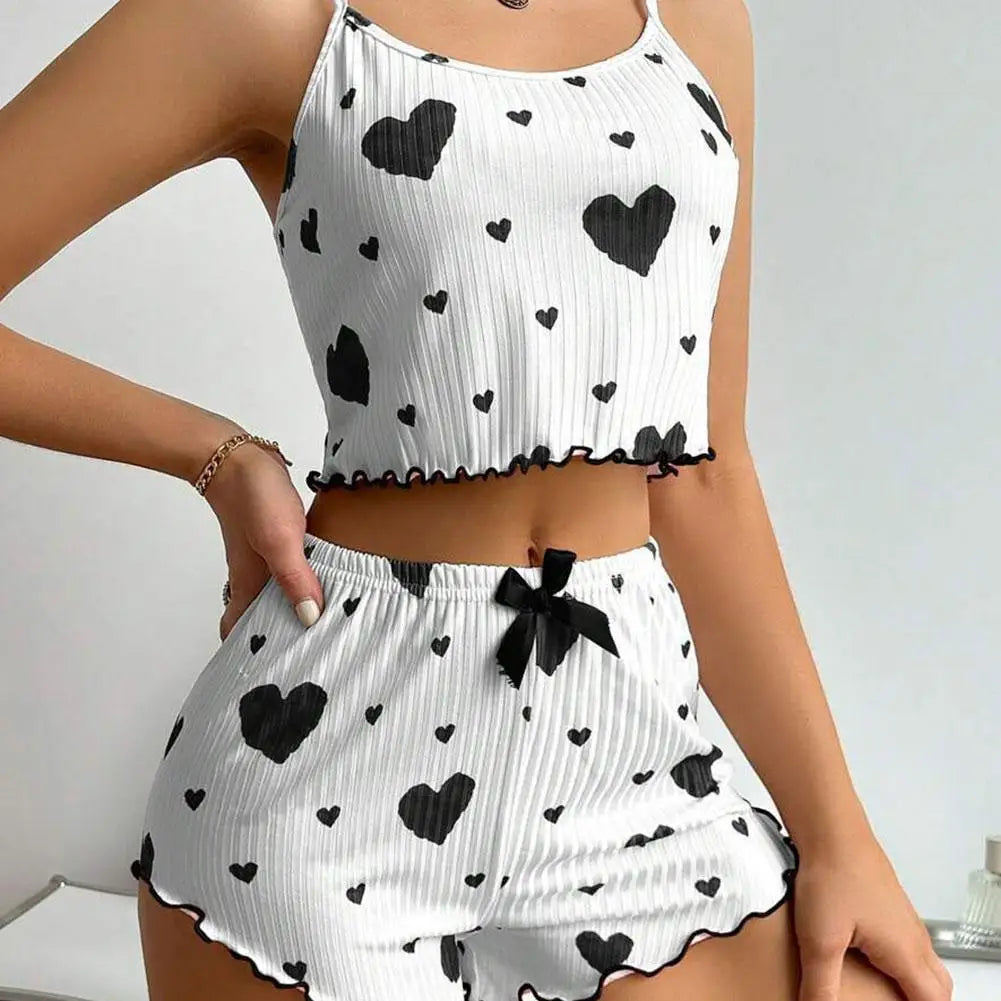2pcs Women's Pajama Set Sexy Cute Kawaii Pajamas Women suspenders Sun-Tops Loungewear Set Shorts Lolita Heart Silk Sleepwear Qme