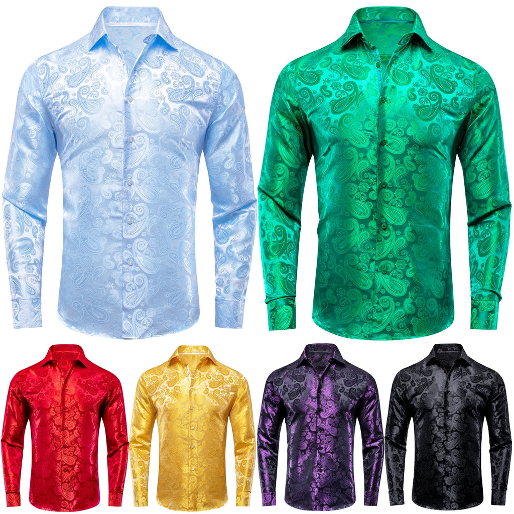 Hi-Tie Jacquard Paisley Mens Dress Shirts Long Sleeve Lapel Suit Shirt Casual Formal Blouse 10 Colors Wedding Business Party Qme