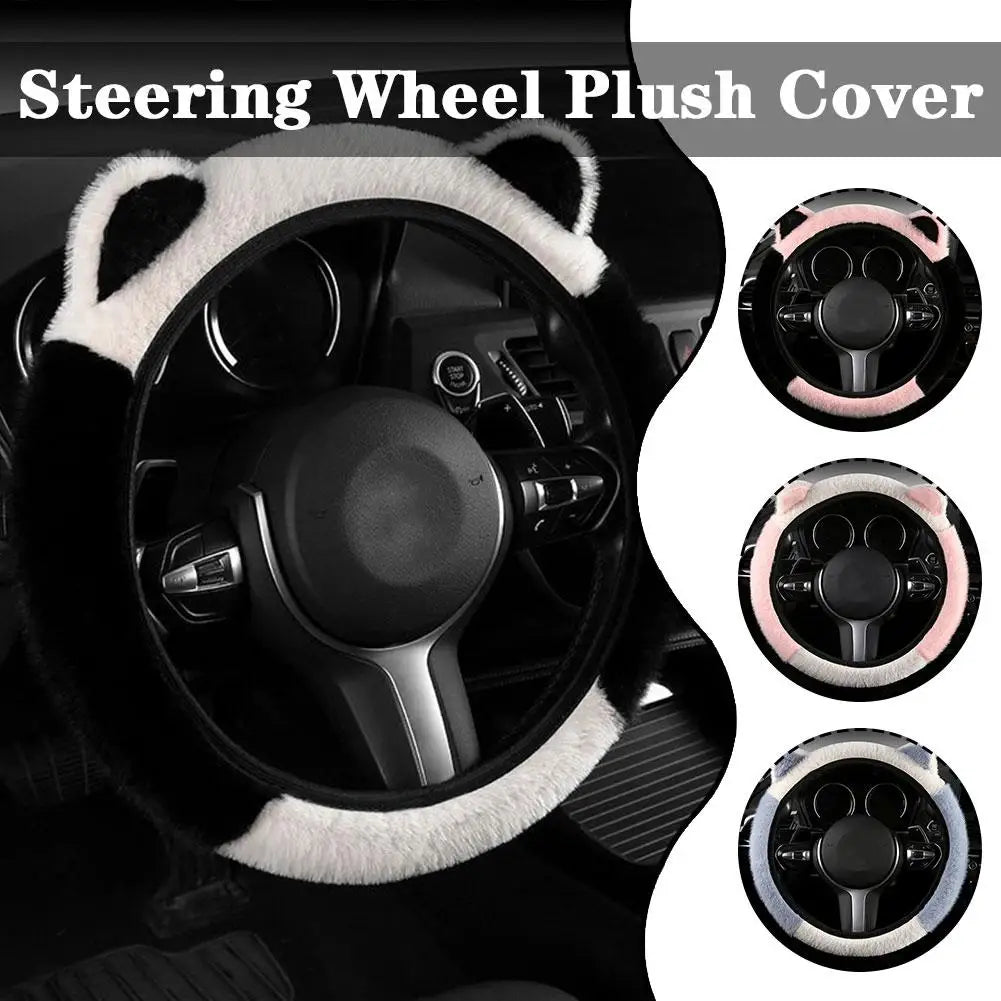 CAR Winter Plush Car Steering Wheel Protective Cover Universal Non-slip Soft Cute Cat Ears Plush Steering Wheel Cover Qme