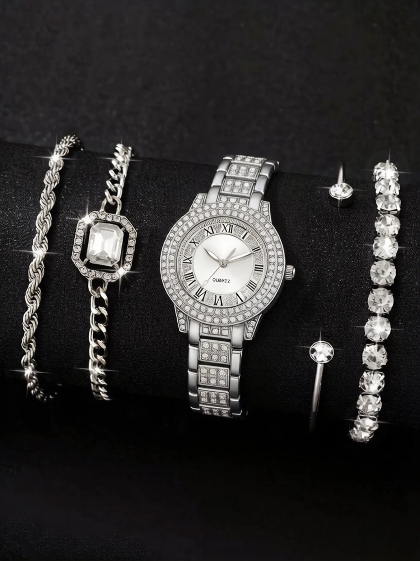 5-piece fashionable women's Roman pattern watch set, treasure bowl quartz watch set, full diamond bracelet quartz watch set Qme Silver No