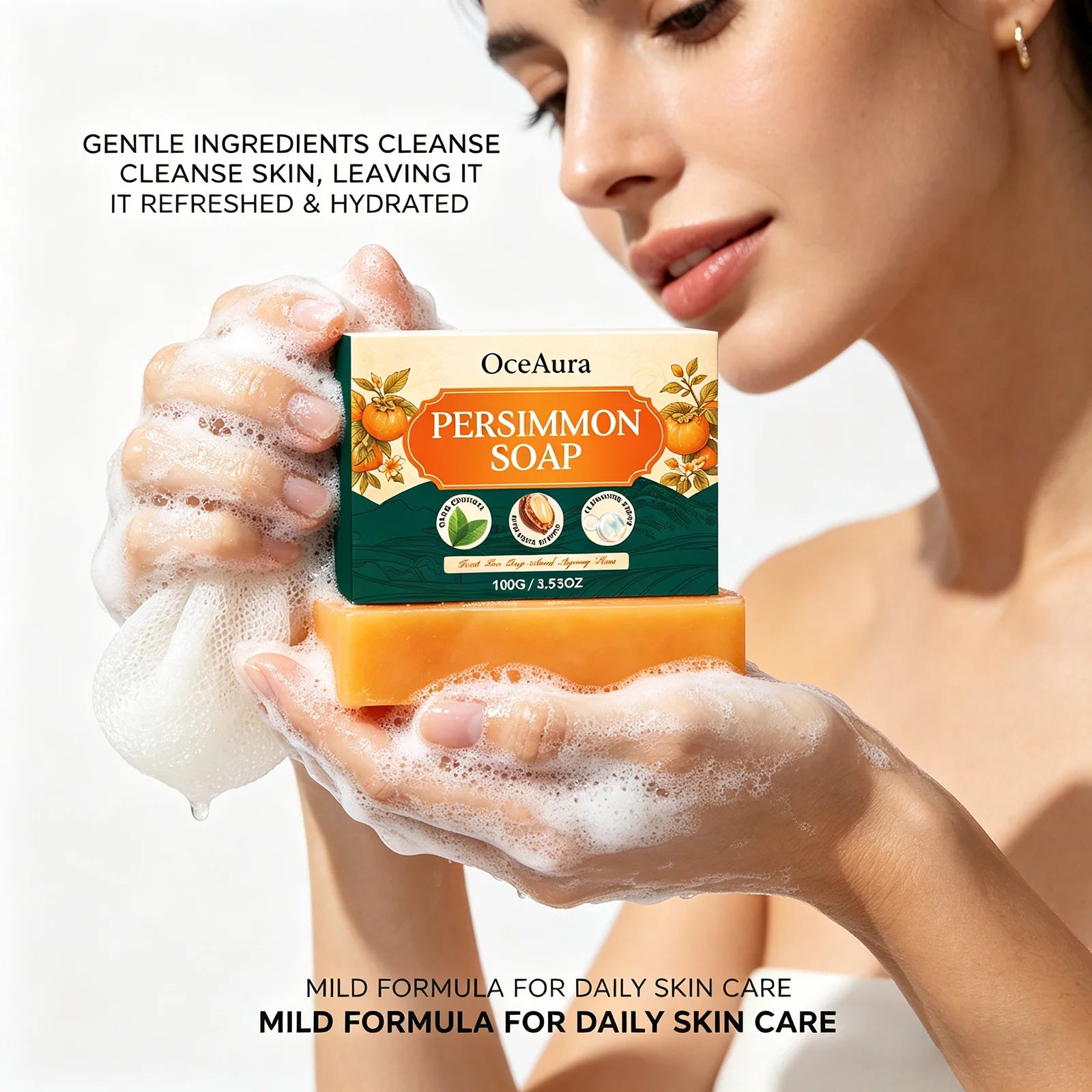 OceAura Persimmon Soap Nonenal Body Odor Removal Improve Dryness Clean Skin Exfoliator Refreshing Organic Natural Body Soap Bar Qme