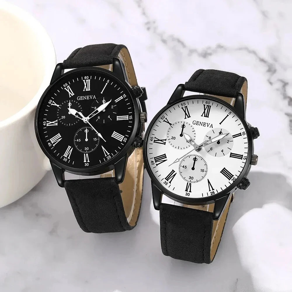 2Pcs Geneva Couple Men Watch Set Black Suede Leather Chronograph Quartz Wristwatch Roman Dial Black White Dual Face Gift Qme