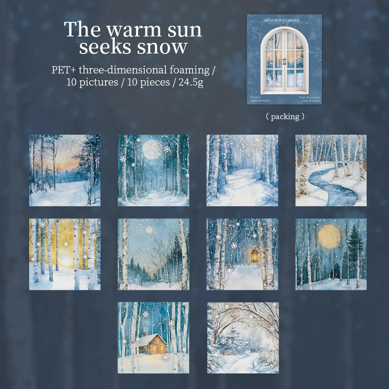 10 Sheets/Bag Winter Snowflake Theme Realistic Snow Particle 3D Sticker Pack for DIY Scrapbook Phone Case Notebook Background Qme 6