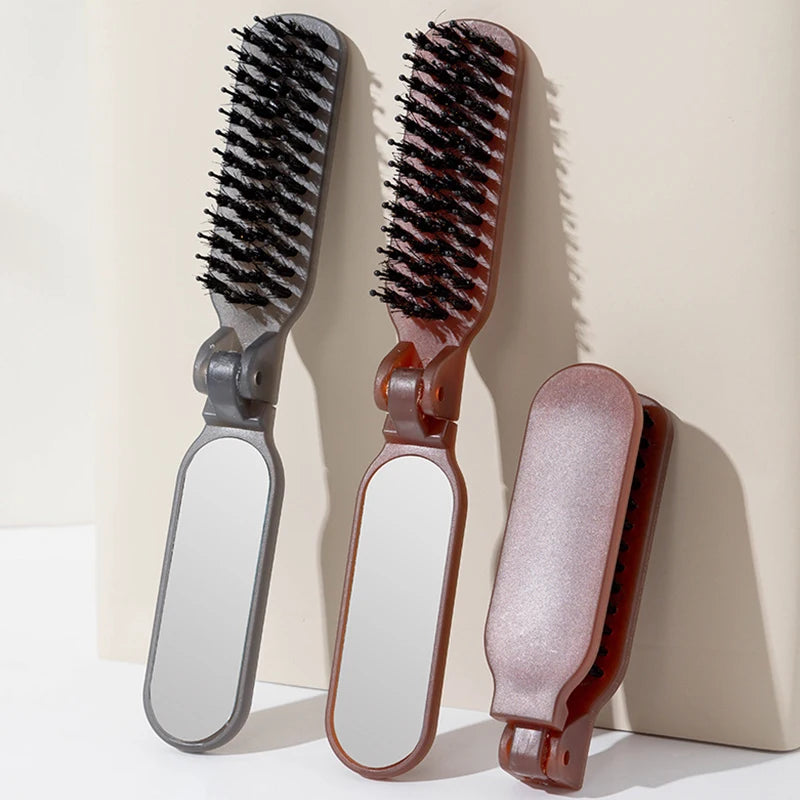Mane Bristle Hair Brush Foldable Portable Comb Mirror Pocket Qme