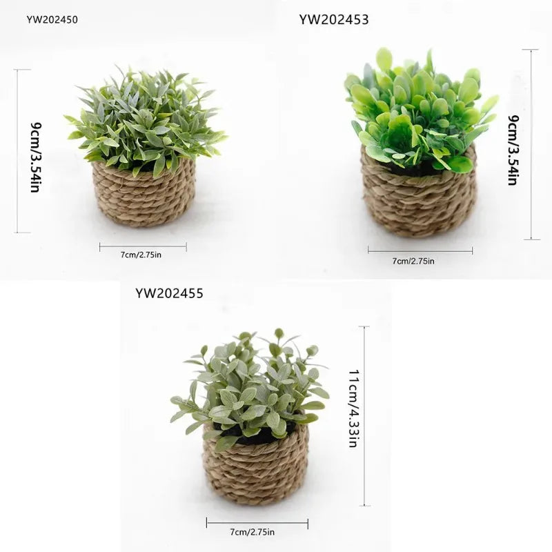 Mini PE Artificial Eucalyptus Plant Green Fake Potted Grass With Woven Pot Home Office Desktop Party Decor Holiday Gift Qme Mix-3Pcs 10-11cm