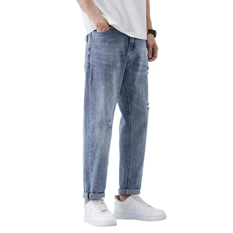 Light-washed Loose Fit Men's Straight Leg Casual Nine-point Jeans with Tapered Ripped Long Pants Stretchy Summer Qme