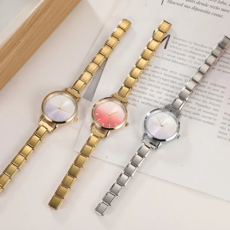 Fashion Women's Stainless Steel Round Blush Watch DIY High Quality Watch Bracelet Bangle For Party Friend Birthday Jewelry Gifts Qme