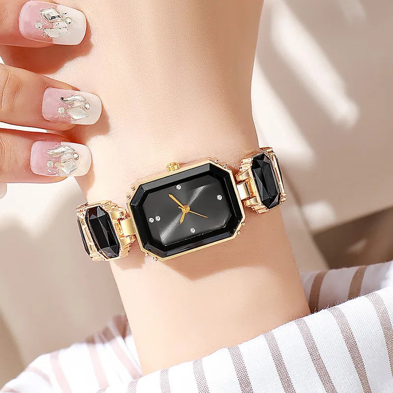 Novo relógio de cerâmica feminino, relógio de quartzo quadrado compacto e versátil com pulseira fina Qme black