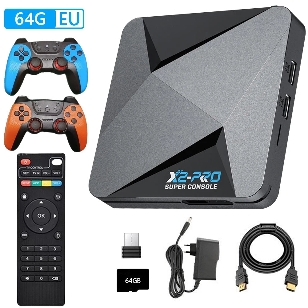 X2 Pro Retro Video Game Console TV Box 65000+ Games with 2 Gamepads Super Console 4K 60+ Game Emulators for DC/Arcade/MAME/Sega Qme 64GB