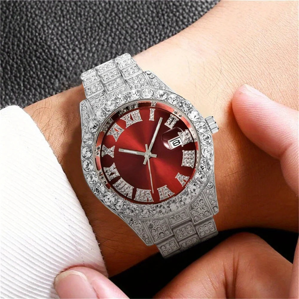 Mens Hip Hop Watch VintagInspired Retro Quartz Timepiece with Oversized Rhinestone Dial and Durable Stainless Steel Band for Men Qme Silver Red
