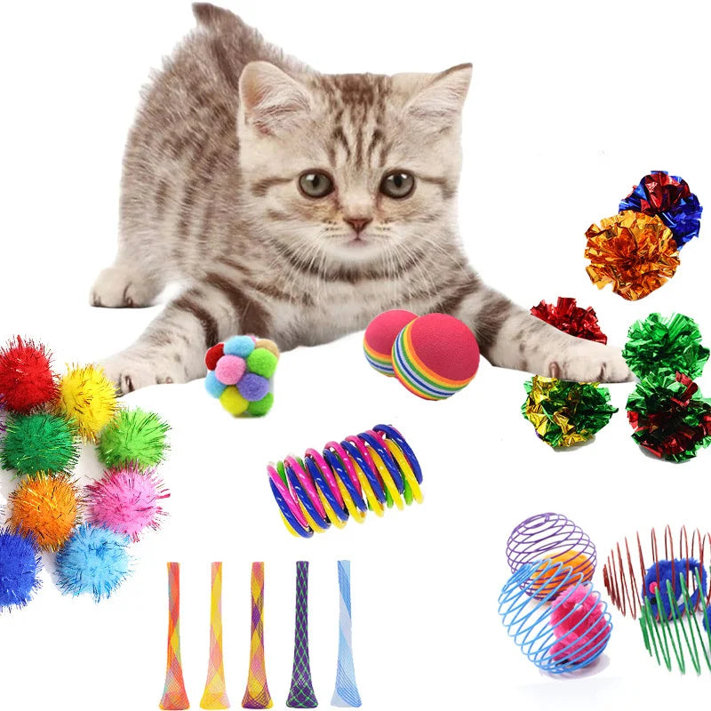 20 Interactive Cat Toys Random Color Set, Indoor Cat Interactive Toys Wrinkle Ball, Flash Ball, Spiral Spring, Spring Tube Qme Multicolor