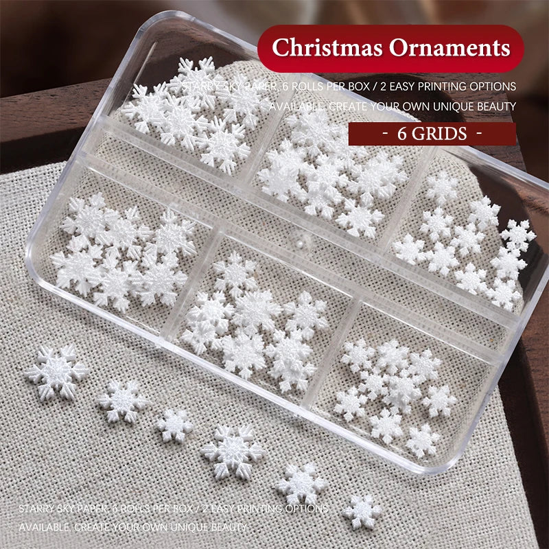 6 Grids Box Christmas Red Green Bead Snowflake Nail Rhinestone Mixed Qme White
