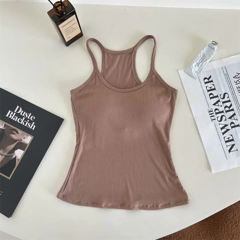 Women Underwear Wire-free Tank Crop Top Sexy Camisole Solid Color Chest Pad Tee American Retro Sleeveless Slim Tank Top Qme KQ One Size