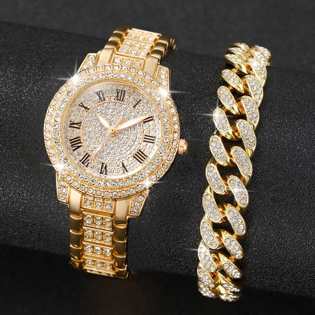 2 pçs moda diamante relógios femininos relógio de ouro senhoras relógios de pulso luxo strass pulseira das mulheres relógios Qme