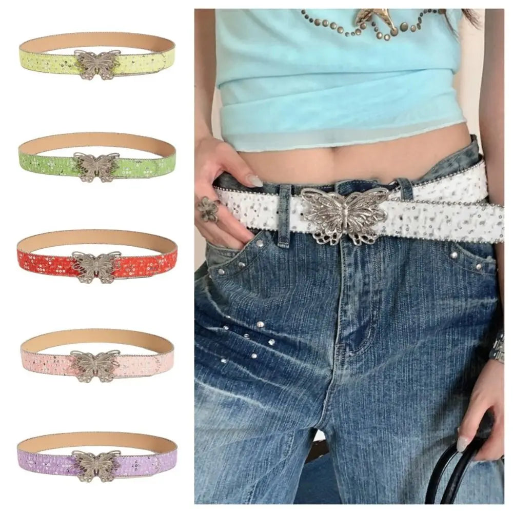 Fashion Sequins Butterfly Belt Y2K Hip Hop Wide Belt Punk Korean Style Denim Waistbands Daily Qme