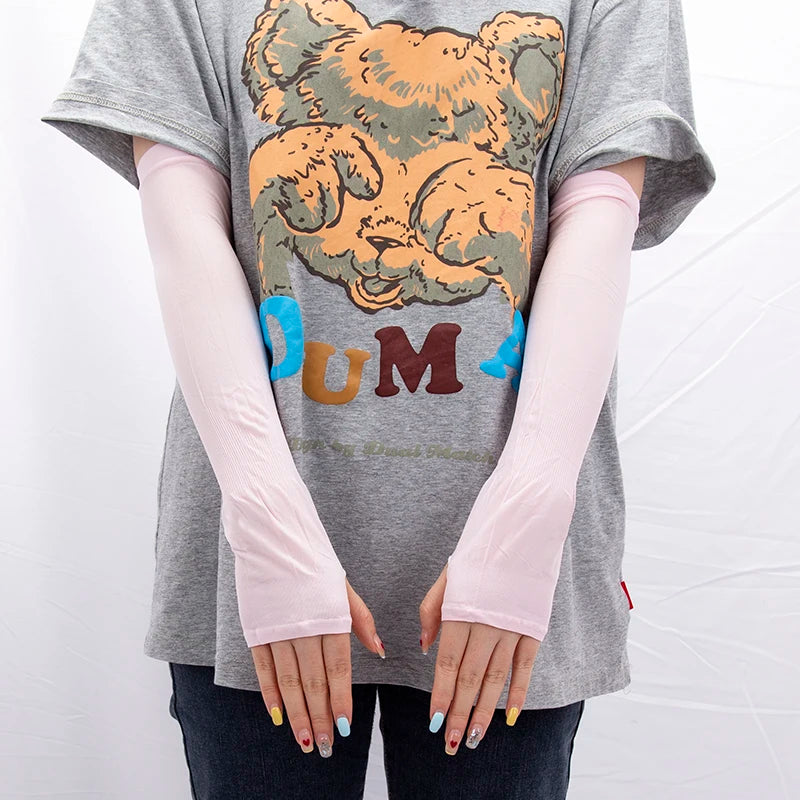 Women Sun Protective Sleeves Long Gloves Breathable Quick Dry Men Qme Pink length-31cm