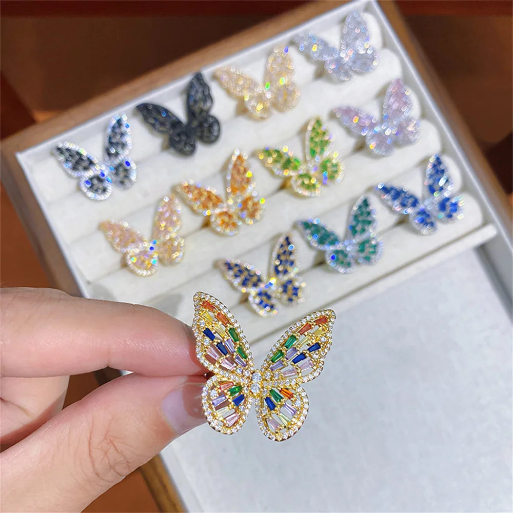 Personalized Colorful Butterfly Zircon Large Ring Adjustable Cute Luxury Shining Butterfly Ring Banquet Jewelry Qme
