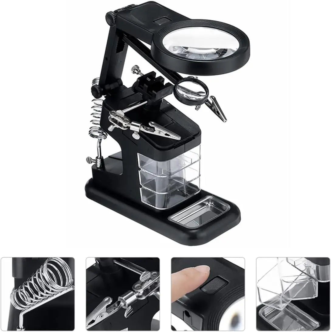 Led Light Helping Hands Magnifier Station 3X/4.5X /25X Magnifier Soldering Station Kit with Alligator Clips and Clamp for Repair Qme