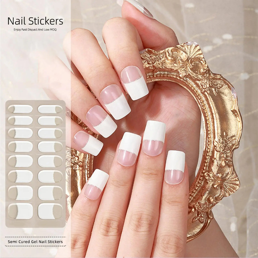 Semi Cured Gel Nail Strips French Gel Sticker Nails No Damage Manicure Supplies for Women Wife Ladies Girls Beauty Lovers Qme