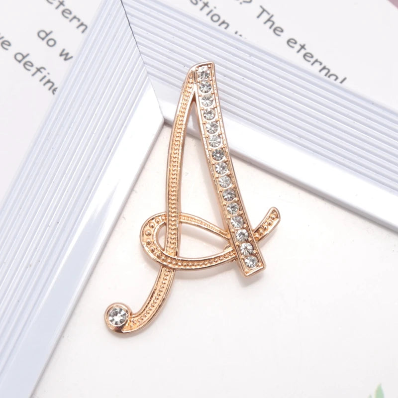 Women Luxury Letter Brooch Pins Gold Rhinestones Crystal English Qme A