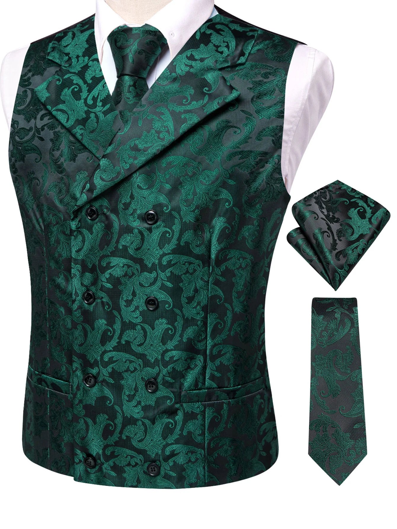 Men's Formal Paisley Jacquard Vest Set – Classic Waistcoat with Matching Tie Hankerchief Cufflinks Ideal for Banquets Qme HT-MJ-0097 XL