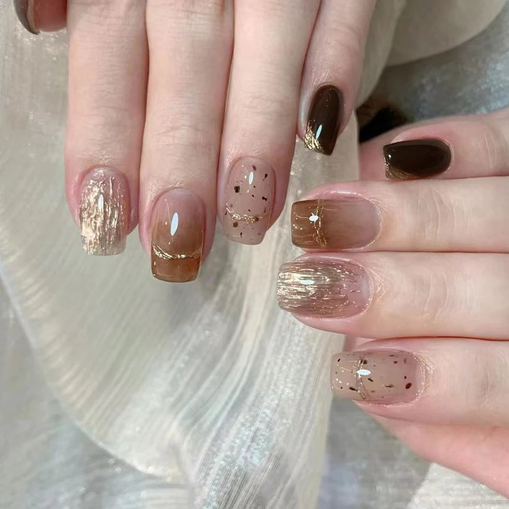 Handmade Gold Foil Coffee Press Nails Charms Short Fake Tips Square Qme