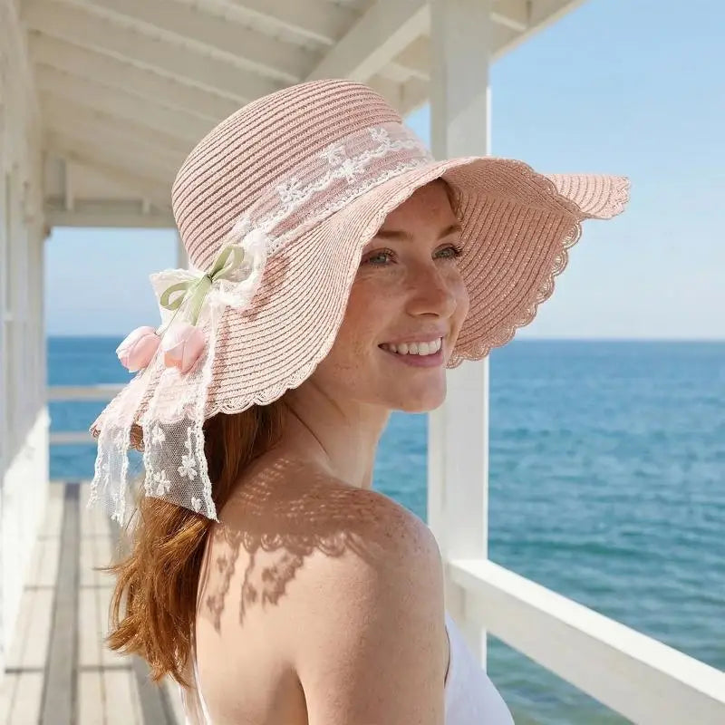Summer Flower Straw Hat Foldable Sun Wide Large Brim Beach Hats Qme