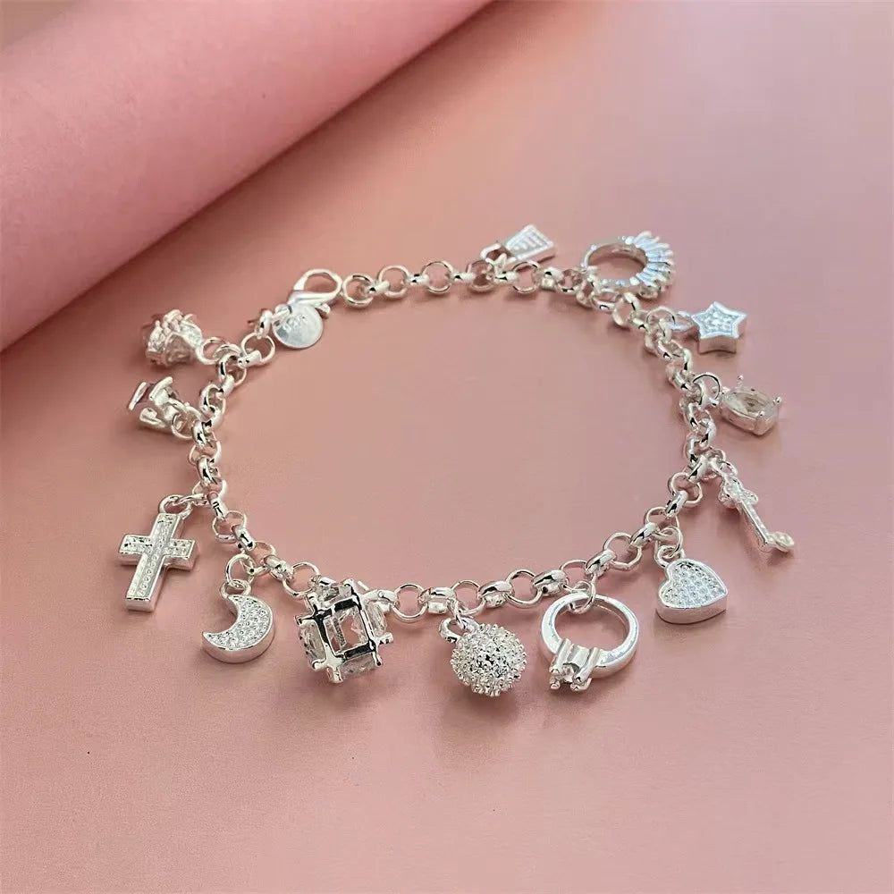925 Sterling Silver Bracelets for Woman Men Crystal Heart Star Cross Wedding Party Christmas Gift Fashion Jewelry Qme