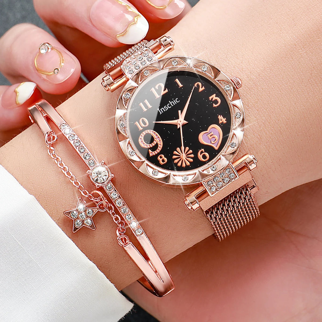 2 pçs/set moda flor dial relógio feminino ímã fivela malha banda relógios de quartzo estrela pulseira conjunto (sem caixa) Qme