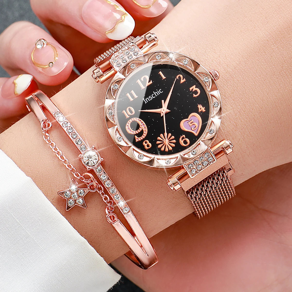 2 pçs/set moda flor dial relógio feminino ímã fivela malha banda relógios de quartzo estrela pulseira conjunto (sem caixa) Qme